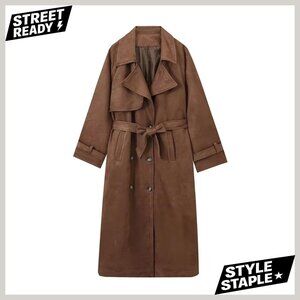 Faux Suede Trench Coat Double Breasted Belted Slim Fit Ankle Length